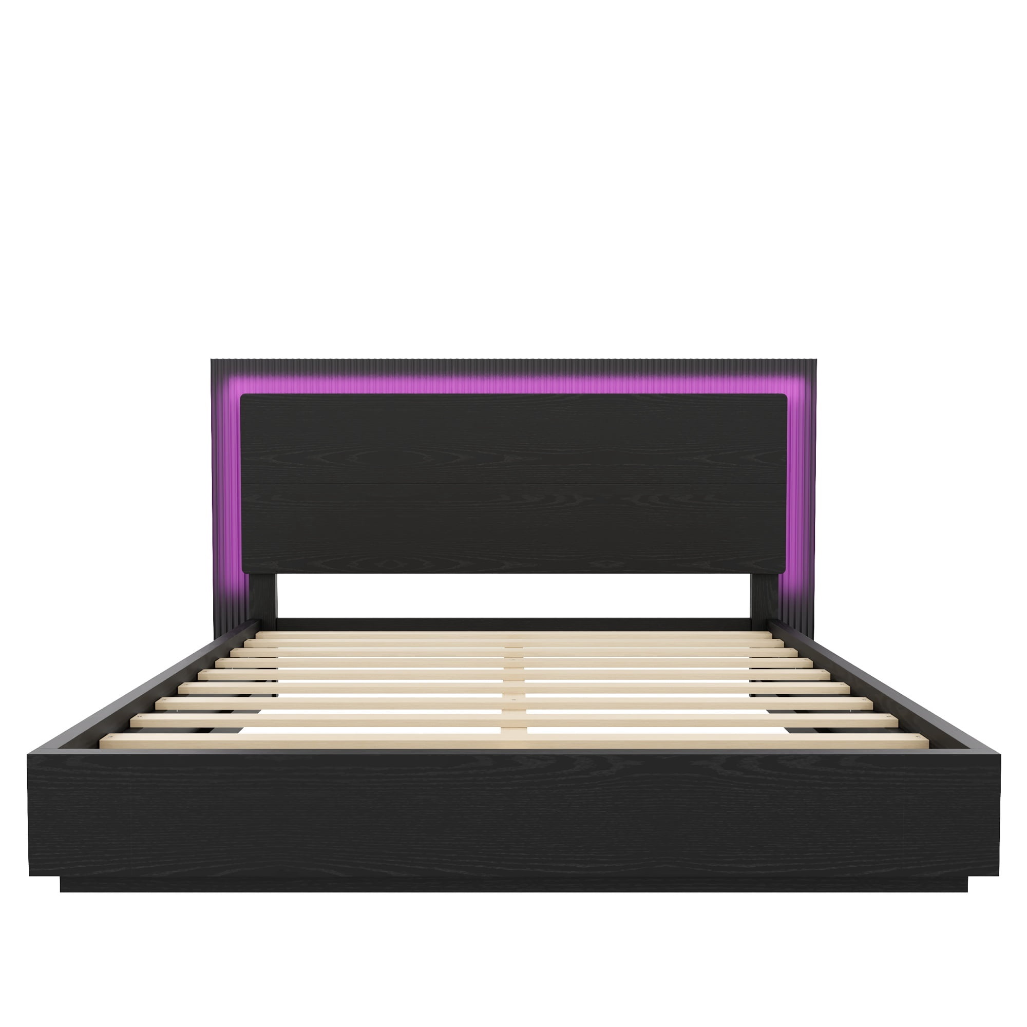Euroco Wood Queen Size Platform Bed with LED Light Headboard, No Box Spring Needed, Black