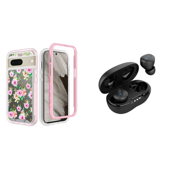 BD Hybrid Case for Google Pixel 7a Cover (Pink Carnations) with Noise-Cancelling Wireless Earbuds with Charging Case