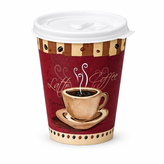 VeZee 8 Oz Disposable Colored Tea&Coffee Cups Printed, Poly Paper Hot Cup with Flat Tear-Back White Lid, for TO-GO Hot/Cold Drink, Coffee,Tea, Hot Chocolate, Chai, Latte & Hot Soup| 50CT