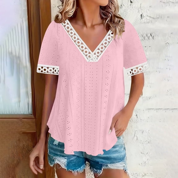 ClodeEU Women's V Neck Short Sleeve T-Shirt with Cutout Crochet Trim ,Casual Lace Blouse Pink,Womens Plus M