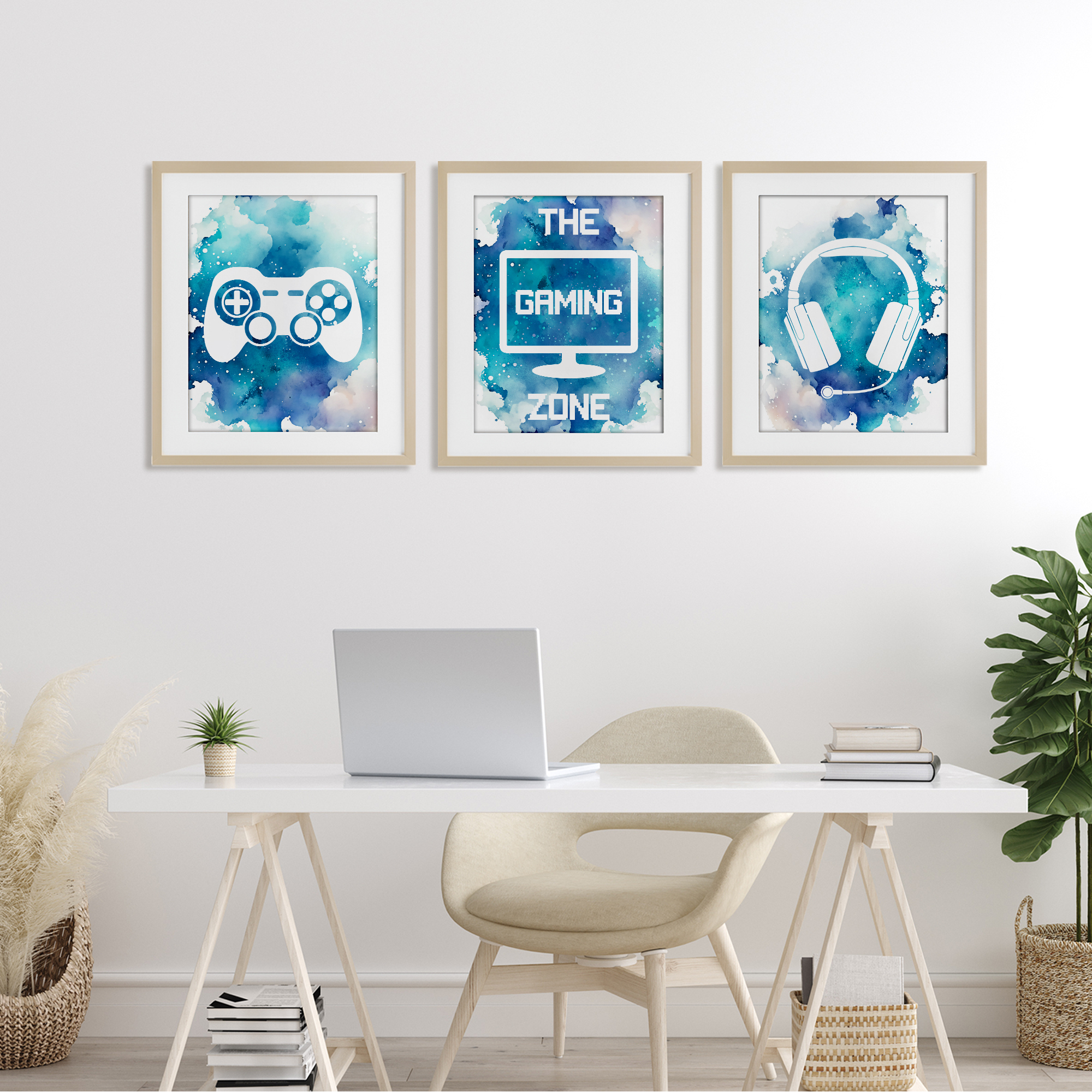 Blue Gamer Splatters 3 Piece Birch Framed Print Under Glass Set, design by Marcus Prime