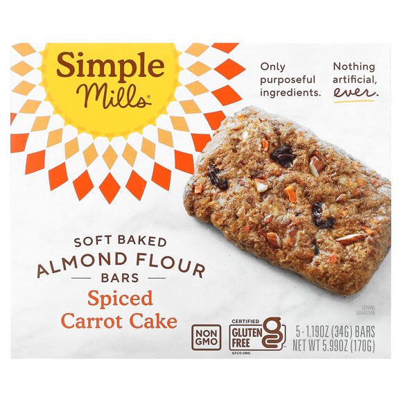 Simple Mills, Soft-Baked Almond Flour Bars, Spiced Carrot Cake, 5 Bars, 1.19 oz (34 g) Each