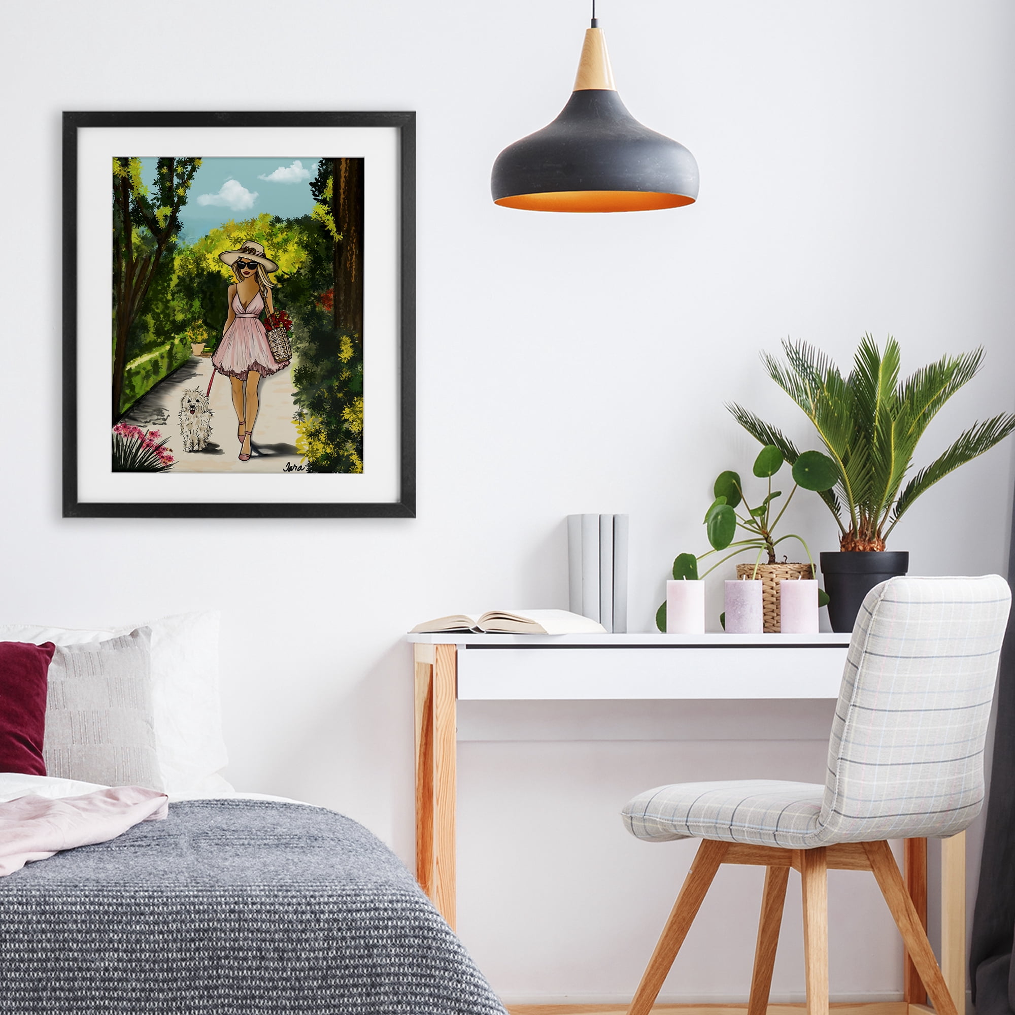 Stupell Industries Garden Girl Strolling with Pup Black Framed Print Under Glass, design by Tara Boone