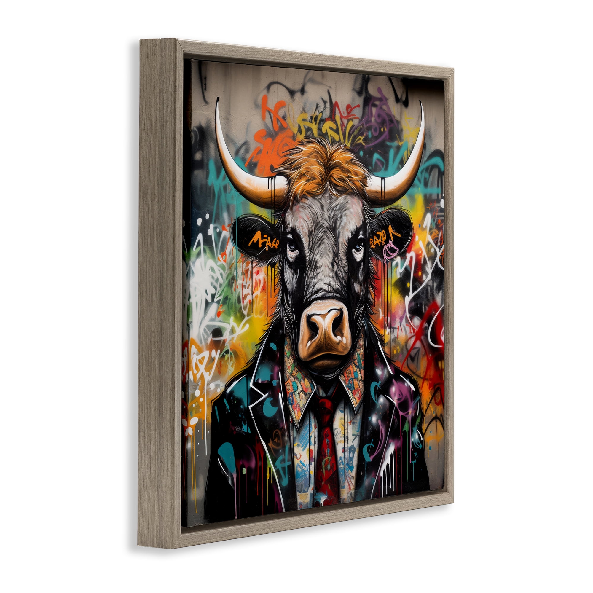 Stupell Industries Urban Graffiti Bull Animals & Insects Painting Brown Floater Framed Canvas Art Print Wall Art, 18 x 18