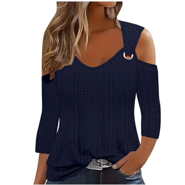 aidice Plus Size Shirts for Women Casual Eyelet Cold Shoulder Long Sleeve Comfy Fitting Solid Color Tops