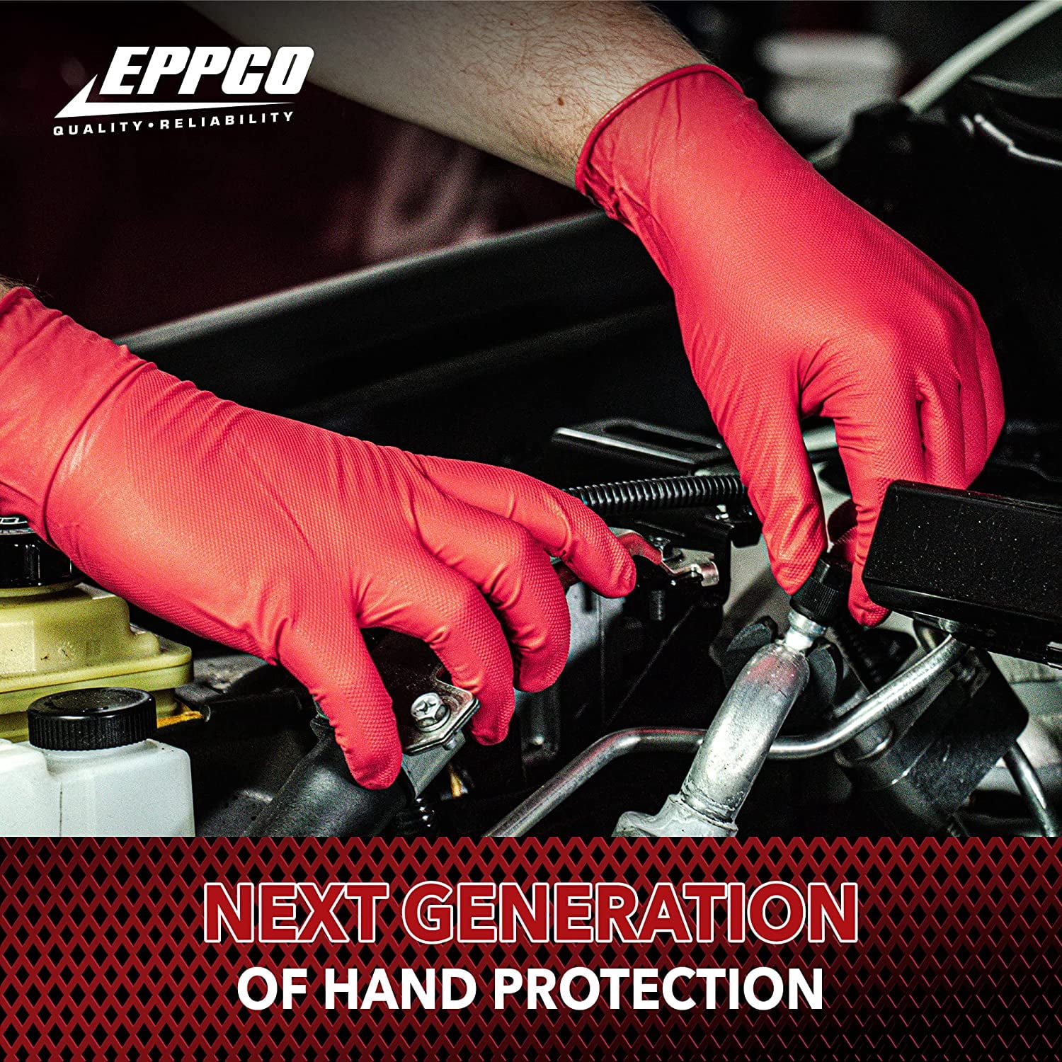 Eppco Grease Bully MDT Nitrile Gloves, Red, 7MIL, Micro-Diamond Texture, Large, 10 Boxes