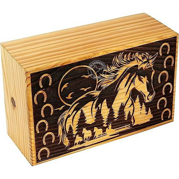 Handcrafted Rising Sun Wooden Cremation Urns for Human Ashes Adult Large - Tree of Life Funeral Urn Box - Horse Burial Urns for Columbarium (250 LB - Pinewood, Horseshoe)