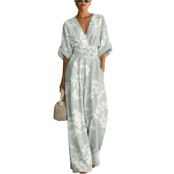 Summer Jumpsuit for Women V Neck Ruched High Waist Linen Wide Leg One Piece Outfit for Casual Summer Wear