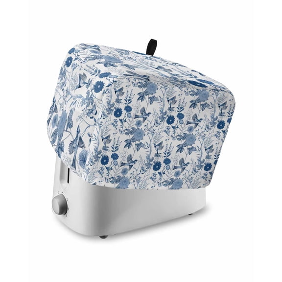 Flower Bird Toaster Cover 2 Slice, Vintage Blue Garden Country Wildflower Dustproof Bread Machine Oven Cover with Storage Pockets, Fits Most Kitchen Toasters Protector