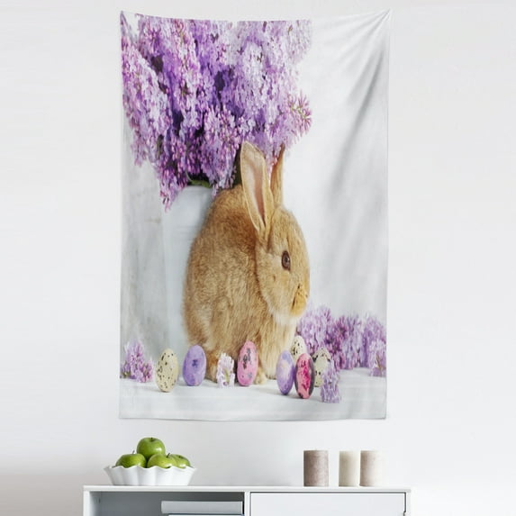 Easter Bunny Tapestry, Photo of Rabbit with Lilac Flowers and Easter Eggs Spring Season, Fabric Wall Hanging Decor for Bedroom Living Room Dorm, 5 Sizes, Multicolor, by Ambesonne