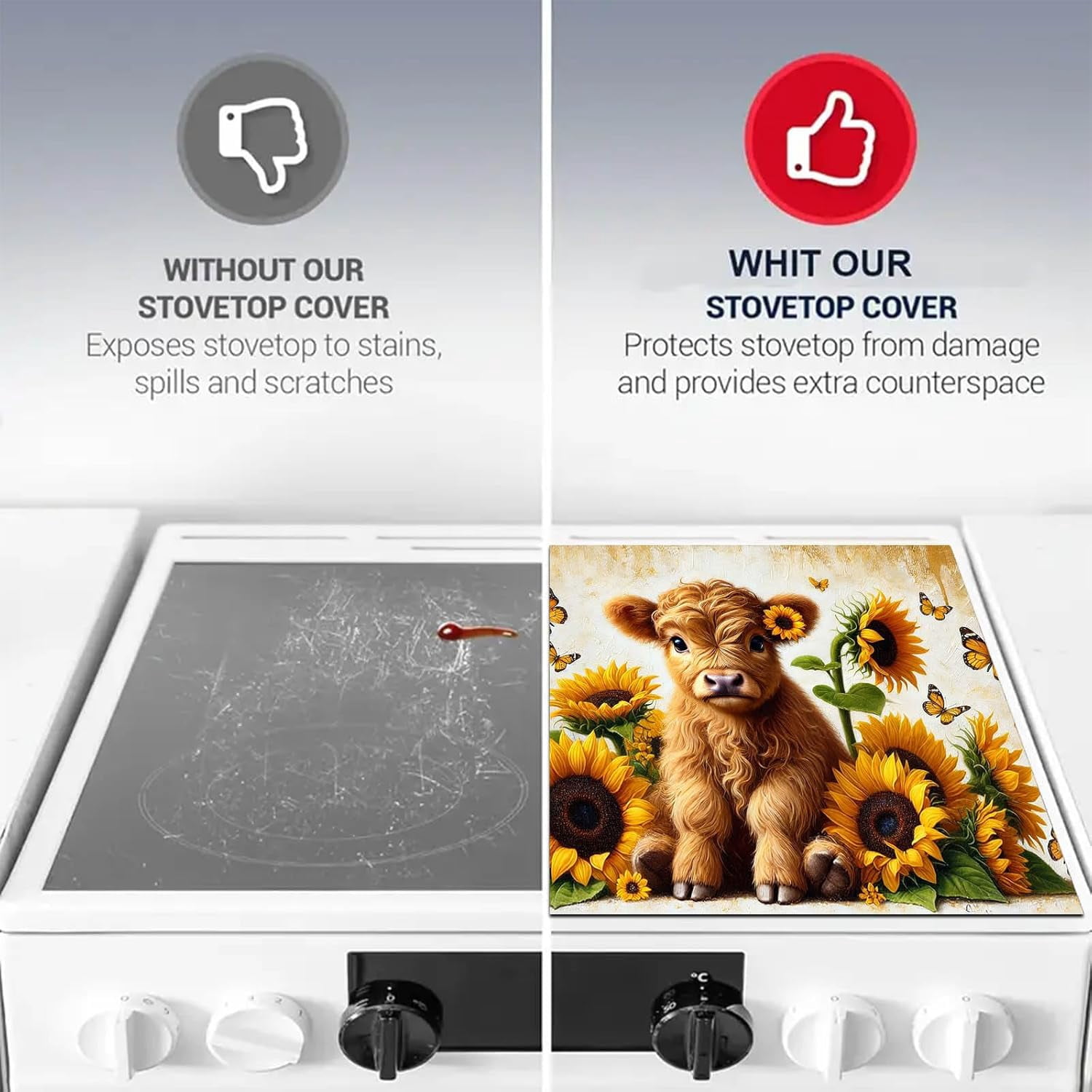 Highland Calf Stove Top Cover for Electric 28x20 Inch Diatomite Kitchen Decor Glass Cooktop Protector Heat Resistant Countertop Mat with Sunflower and Butterfly Design
