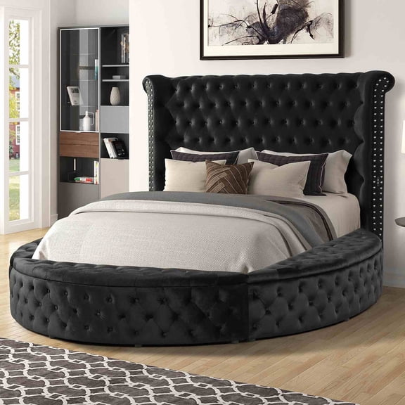 1pc Glam Queen Bed Padded Flannelette Fabric Tufted Upholstered Storage Bed Black Bedroom Furniture