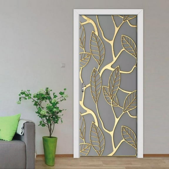 3D Golden Leaf Landscape Door Murals Self Adhesive Door Sticker Wall Mural Art Wallpaper Poster Door Decals for Living Room Bedroom Decor 30.3"x78.7"