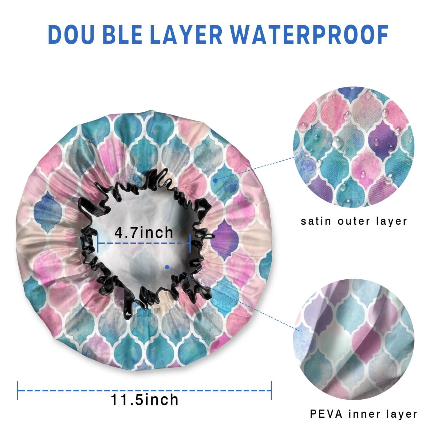 Shower Caps,Multi Color Moroccan Checkered Pattern Waterproof Shower Cap for Women 4 Pieces,Double Reusable Hair Cover for Shower PEVA Elastic Stretch Hem