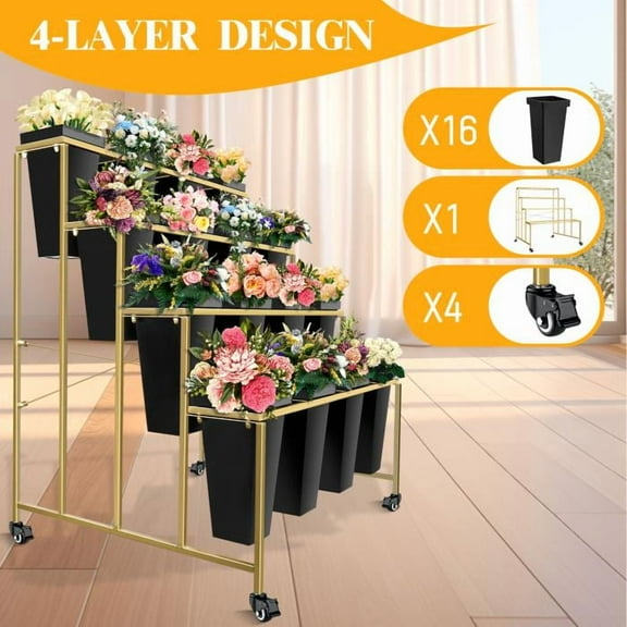 Solid Black Square Pots with Gold Stand – 4-Tier Galvanized Metal Rack with Wheels, Greenery Display for Living Rooms/Patios