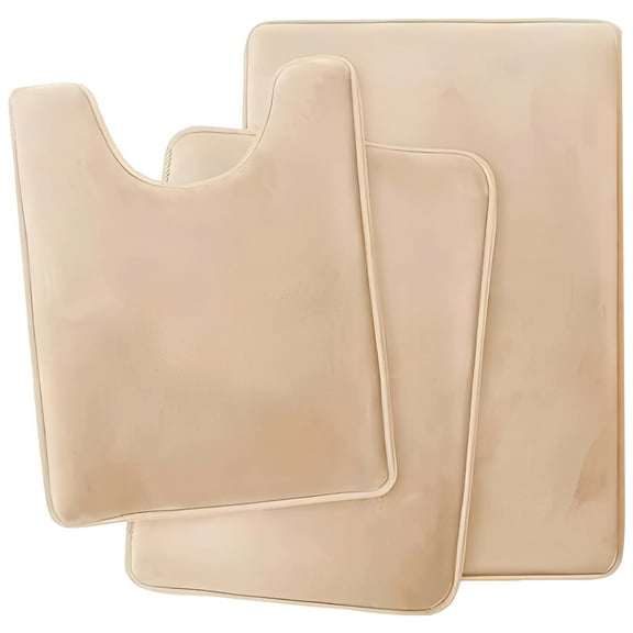 3 Pcs Bathroom Rugs Set, Light Brown Plush Absorbent Bath Mat with Contour U-Shaped Toilet Rug and Skid-Resistant Backing