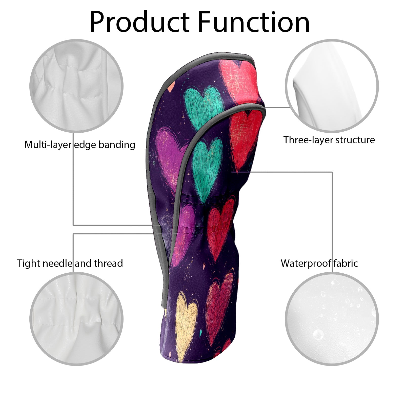Golf Club Covers PU Leather Waterproof Head Covers for Fairway Woods Hybrids Heart Pattern