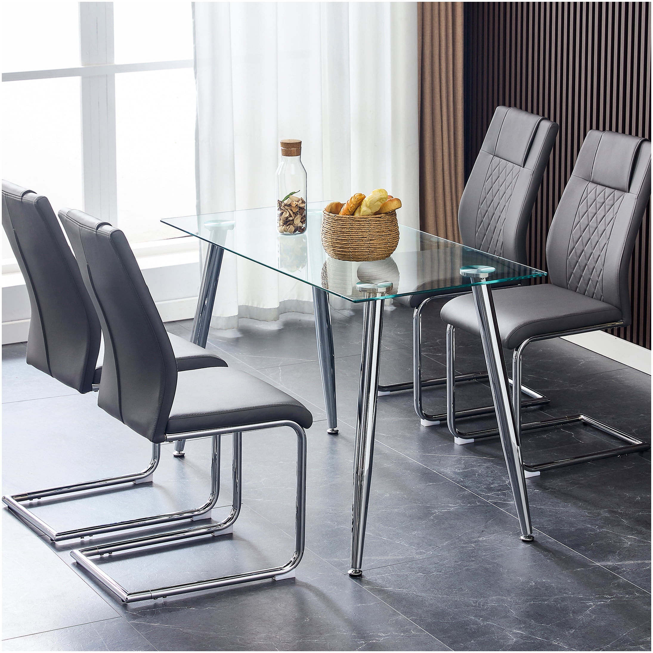 Modern PU Leather Dining Chairs Set of 8, Grey Upholstered Side Chairs with Padded Seat and Sturdy Metal Legs for Kitchen Dining Room