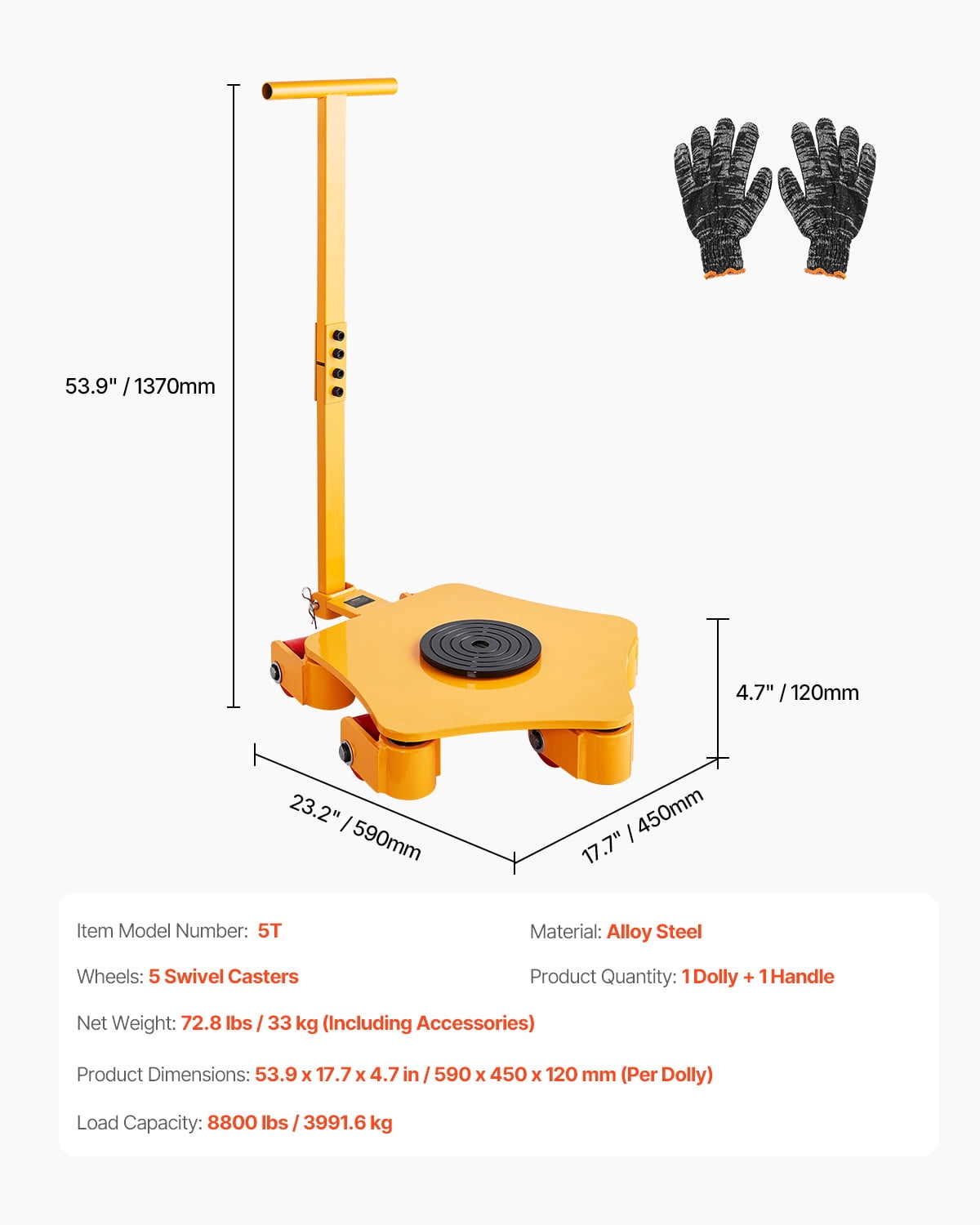 KFFKFF Equipment Dolly, 8800 lbs Equipment Moving Dolly, Equipment Transport Dolly with 360° Turning Capability and PU Pivot Wheels, Robust Industrial Equipment Transporter with Handle for Warehouse