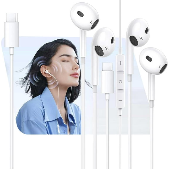 USB C Headphones for iPhone 17, 2 Pack USB Type C Earbuds HiFi Stereo Noise Earphones reduction with Mic&Volume Control for iPhone 17 16 15, iPad Pro, Galaxy S23/S22/S21/Ultra Note 20, Pixel 7 -White