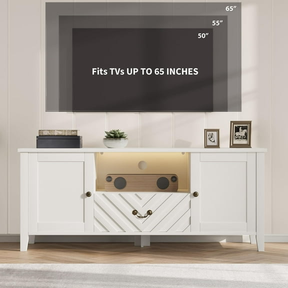 Farmhouse Style TV Stand Fits TV up to 70 Inch, Retro Entertainment Center with Led Light, 2 Storage Cabinets TV Console with V-Shaped Pattern Drawer and Open Shelf for Bedroom, Living Room