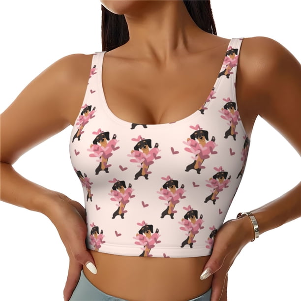 Fotbe Dachshund Dog Heart Sujetador Deportivo Largo sin Aros para Mujer con Almohadillas y Soporte Medio, Transpirable y Absorbente, Camiseta Tipo Chaleco o Tank Top-Large