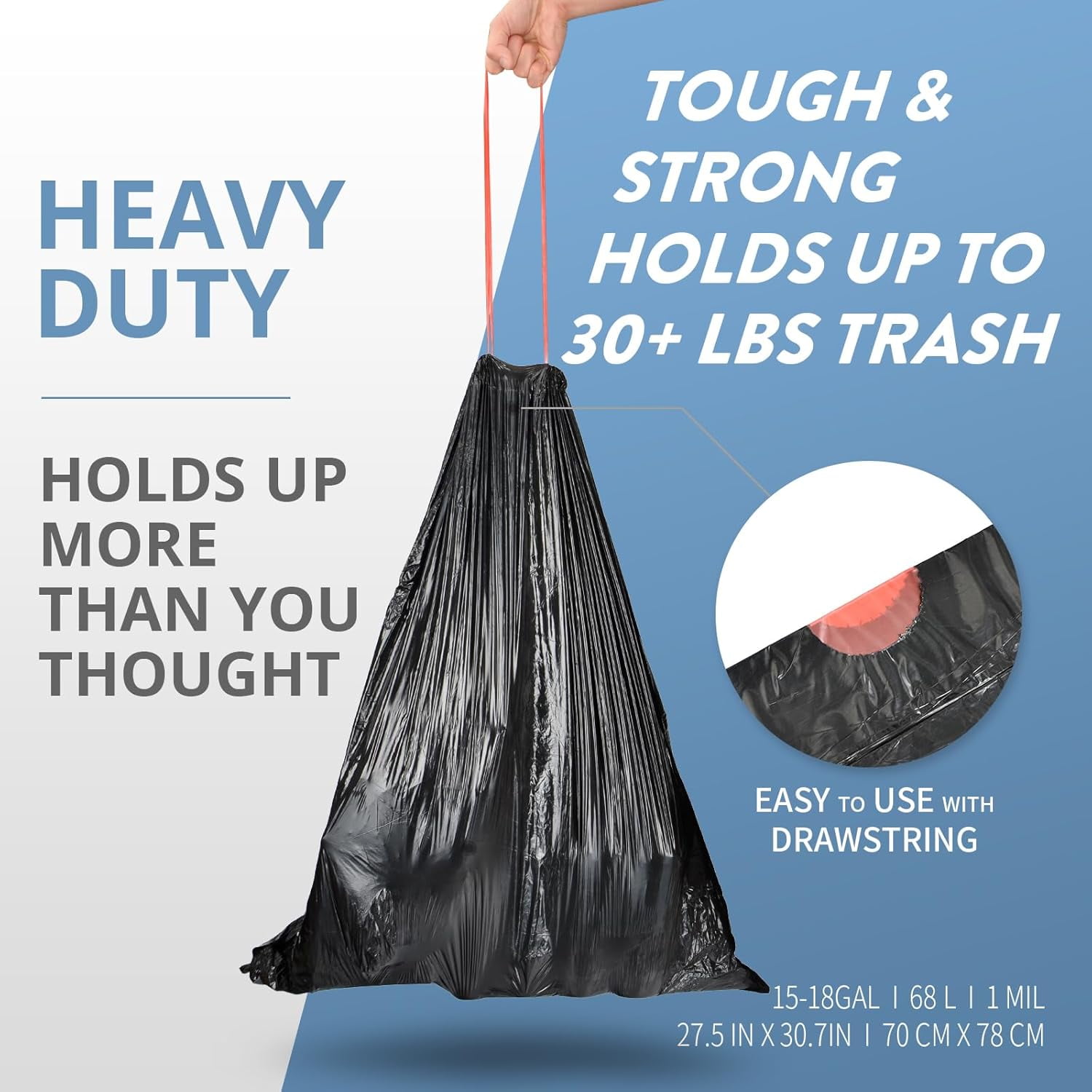 15-18 Gallon Black Trash Bags with Drawstring (102 Count) Fit 16, 17 Gal High Density Large Garbage Bags, Strong Plastic Trash Can Liners for Kitchen Lawn Commercial