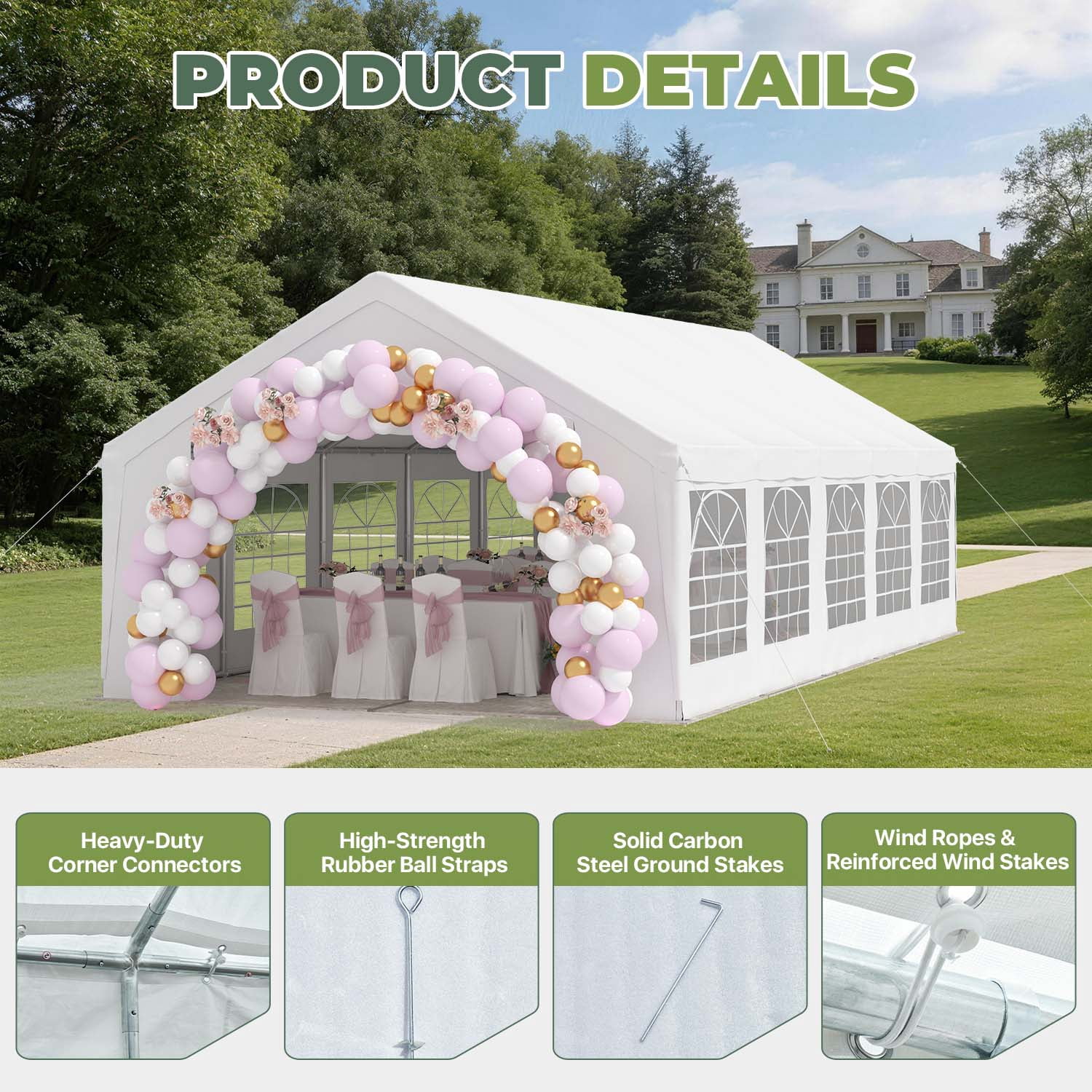 BaPiPro 16X32FT Heavy Duty Event Tent, Large Wedding Party Canopy Tent with 10 Removable Sidewalls & 2 Doors for Outdoor Events, White