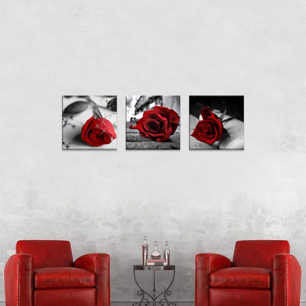 Canvas Print 3 Pcs Black and White Red Rose Canvas Art Painting Abstract Wall Art Decorations Flower Picture on Canvas for Home Decor Stretched and Framed (16X16inchX3pcs, A-Rose)
