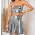 thumbnail image 6 of Xdegoge Women's Metallic Skirt Set 2 Piece Outfit High Waisted Flared Mini Skirt and Tube Top Shiny Holographic Flattering Rave Festival Party Club Cosplay Wear, 6 of 8