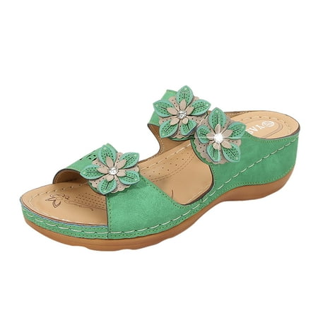 

adviicd Flip Flops Men Sandals Ladies Fashion Solid Color Bright Leather Flower Rhinestone Cover Toe Straw Woven Flat Bottom Beach Sandals Green 7