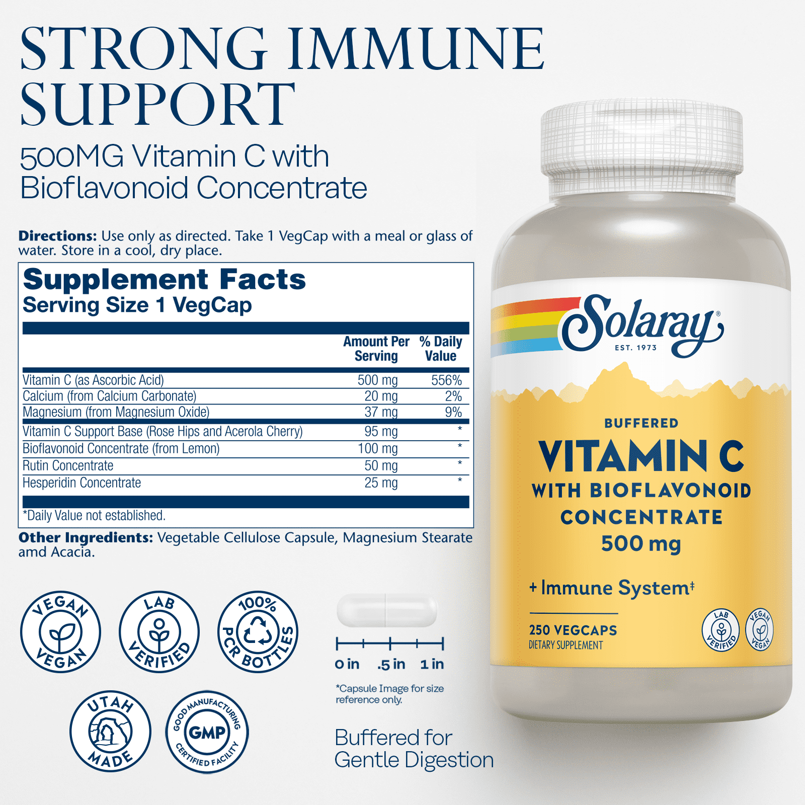 Solaray Vitamin C w/ Bioflavonoid Complex 500mg | Buffered for Easy Digestion | Healthy Immune System, Collagen Synthesis & Antioxidant Support | 250 VegCaps
