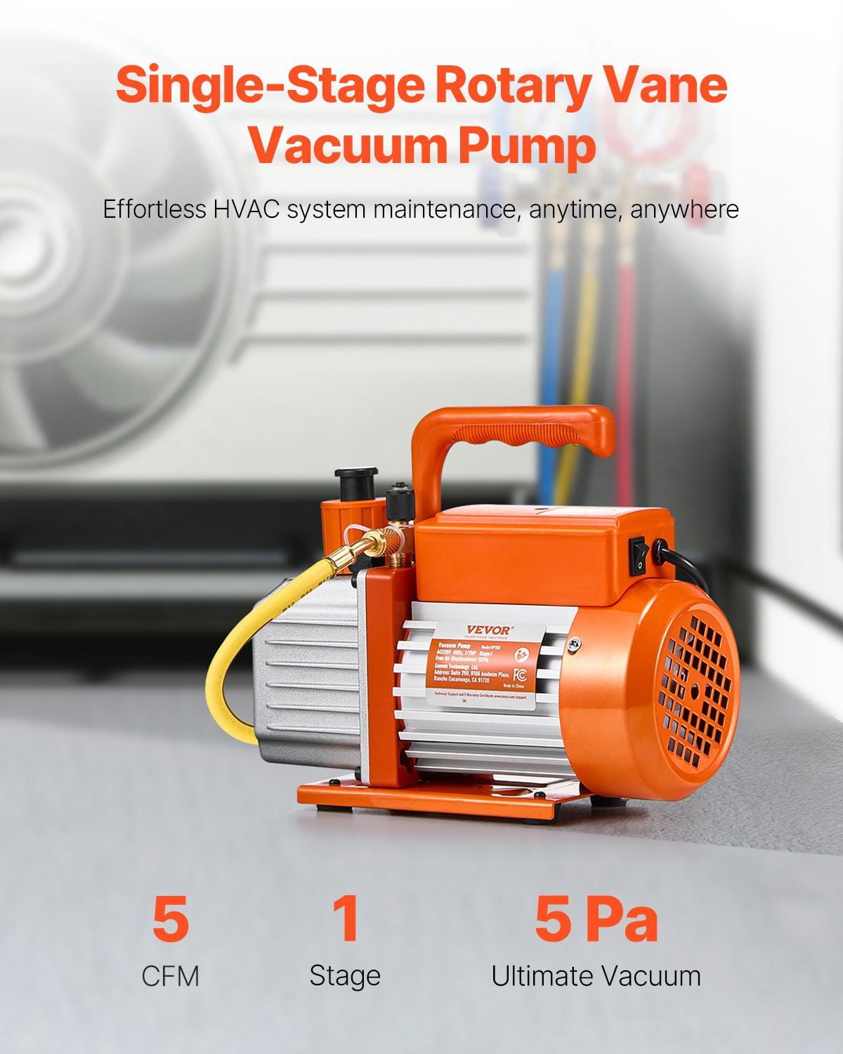 Vacuum Pump 5 CFM HVAC Single Stage Rotary Vane Vacuum Pump with Pure Copper Motor, Oil Included, 1/4" SAE & 1/2" ACME Ports, Cooling Fan, Filtration System, Compatible with R22, R134a, R410a