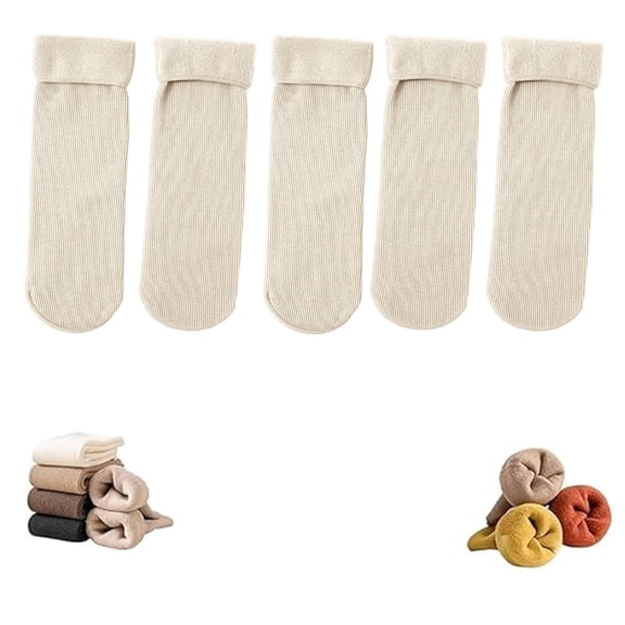 Women's Soild Color Thermal Mid Calf Socks, Fleece Lined Winter Socks, Ultra-Soft Plush Interior & Durable Outer Layer, 5 Pairs Value Pack for Cold Weather - White