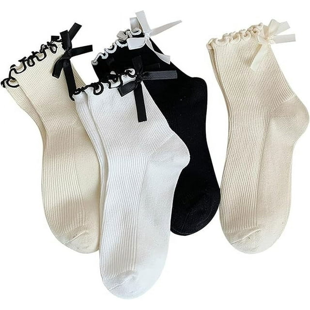 Xiao Hua Calcetines de mujer con lazo y volantes, informales, negros, blancos, suaves y transpirables, de algodón, 4 pares