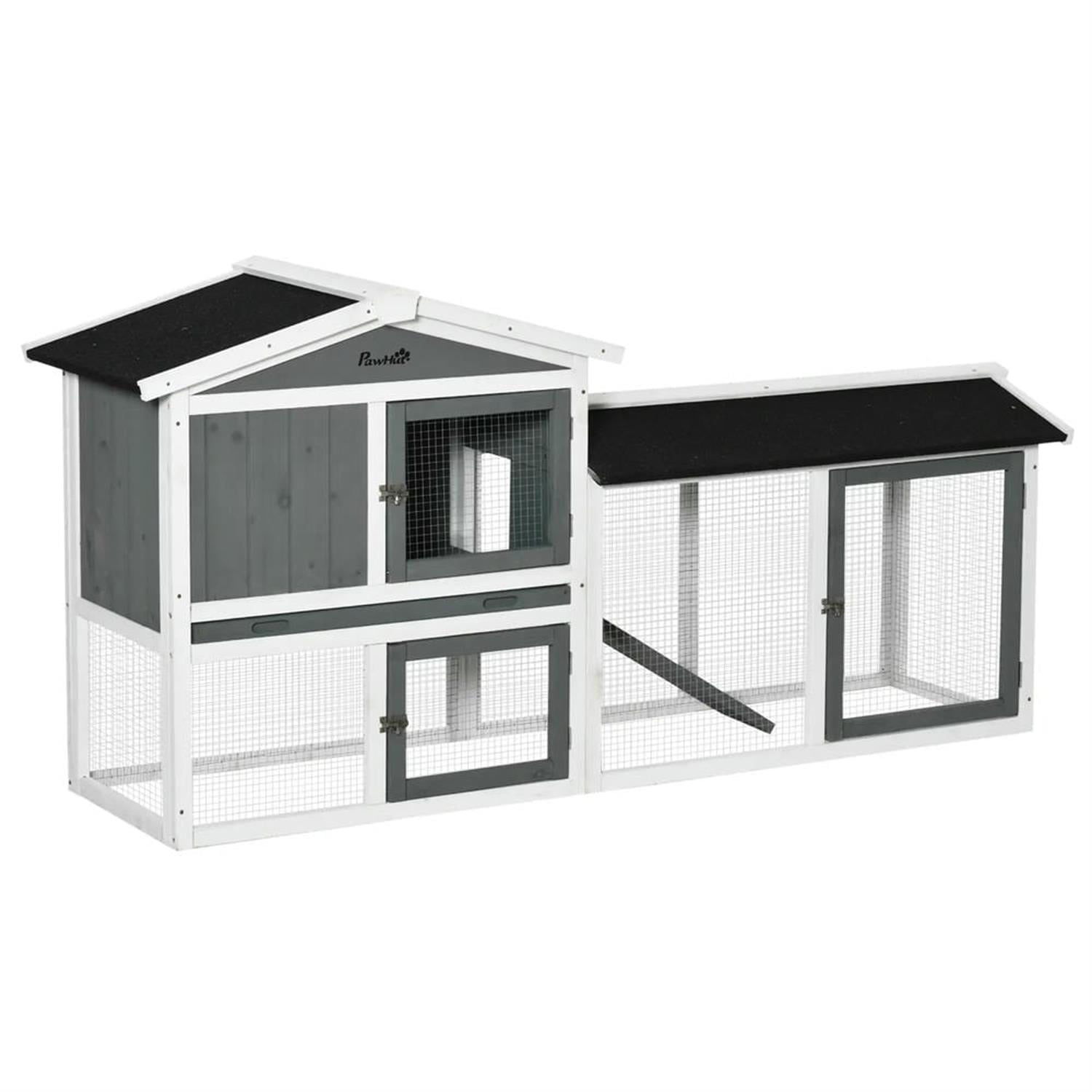 Kadyn 69" 2-tier Wooden Rabbit Hutch with Slide-out Tray, Outdoor Small Animal Habitat Chicken Coop Bunny Cage for Bunnies, Guinea Pigs, Gray