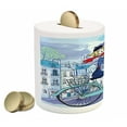 thumbnail image 2 of Paris Piggy Bank, Young Woman French Hat and Funny Cat on Bicycle in French Street Watercolor, Ceramic Coin Bank Money Box for Cash Saving, 3.6" X 3.2", Multicolor, by Ambesonne, 2 of 4