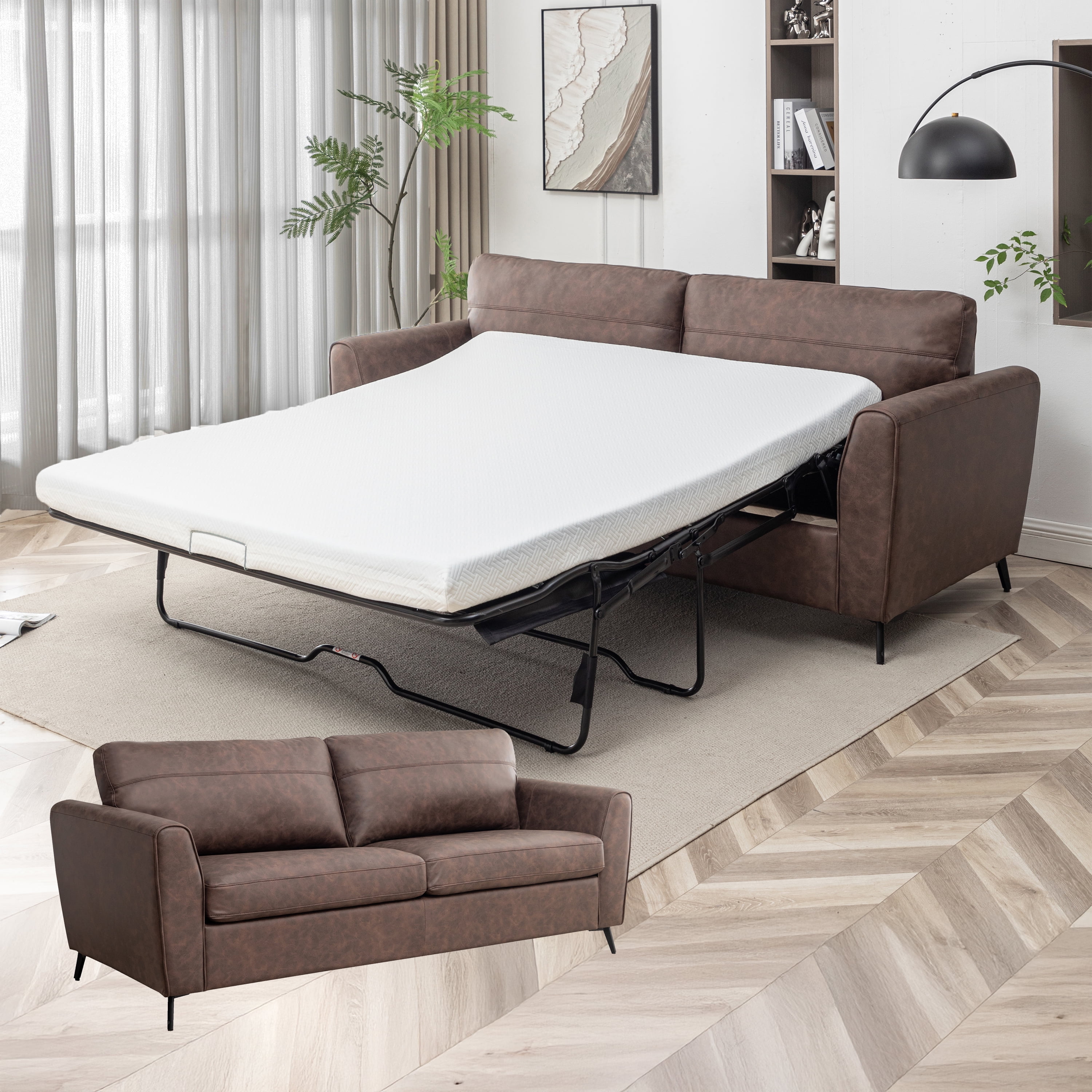 Luna Mid-Century Modern Pullout Sofa Bed with 4" Gel Mattress, Brown