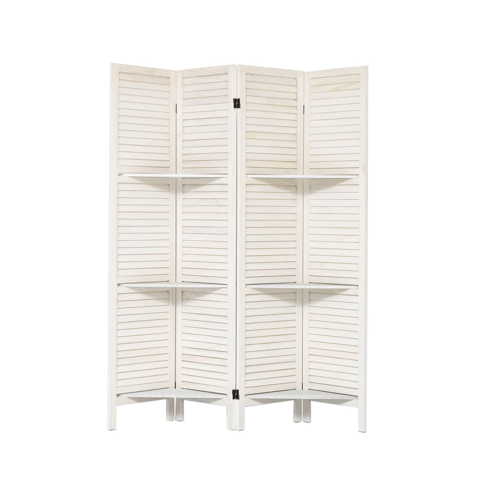 MAYEERTY 4 Panel Freestanding Room Divider with Shelves, 5.6Ft Folding Privacy Screens, Warm White