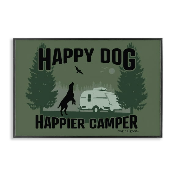 Stupell Industries Happier Camper with Dog Animals Painting Black Framed Art Print Wall Art, 18 x 12