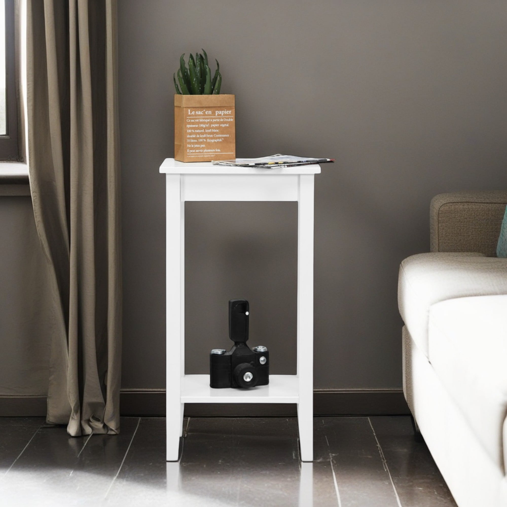 Demi Bonn End Side Table, Bed and Sofa Side Table, 2-Tier Nightstand End Side Wooden Legs Table, for Living Room, Bedroom, White