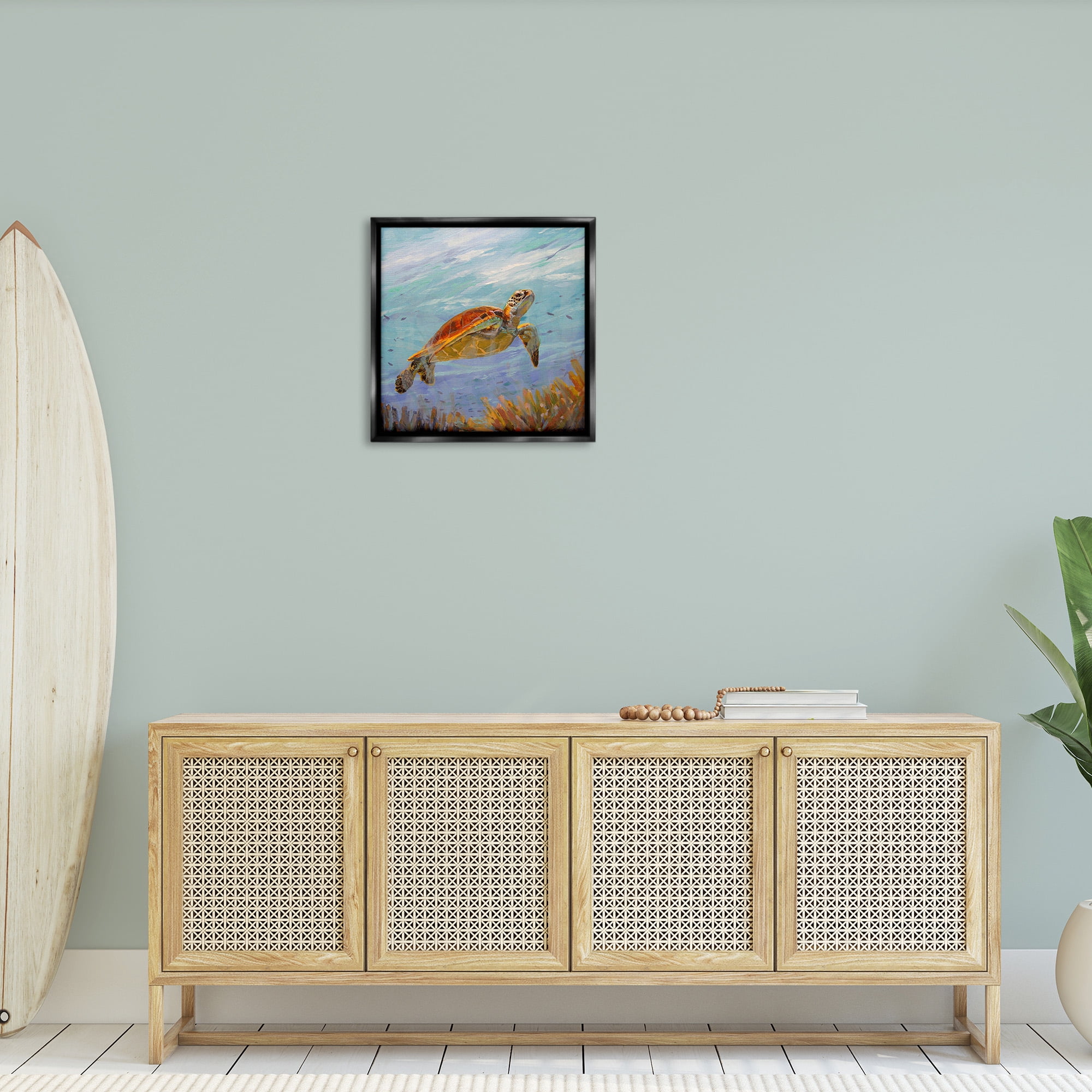 Stupell Industries Turtle Among Coral Reef Animals & Insects Painting Black Floater Framed Canvas Art Print Wall Art, 25 x 25