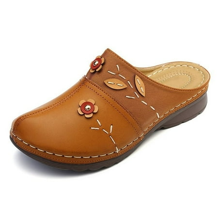 

Senew Women Mules Backless Sandals Comfortable Platform Clogs Closed Toe Slip On Shoes Flat Walking Sandal(Brown)