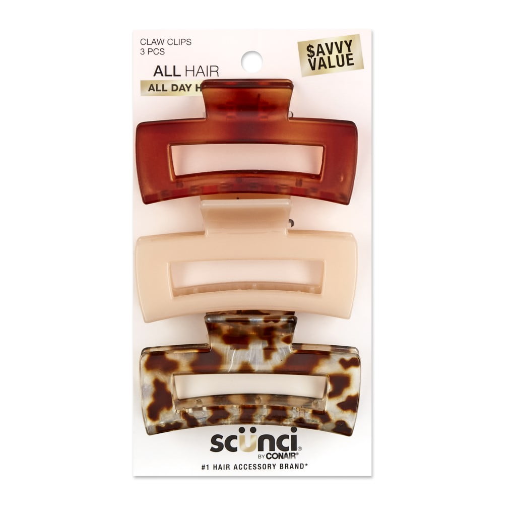 Scunci Neutrals Open Cut Rectangular Claw Clips & No Damage Elastic Stretch Nylon Ponytail Holder Hair Ties Set, Assorted Neutrals, 3 Ct & 30 Ct