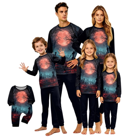 Halloween Family Matching Pajamas Sets, Halloween Family Moon Printed Loungewear, Spooky Season Holiday PJS Sleepwear, Seasonal Pajamas Casual Wear, Home Relaxation Wear Indoor Leisure