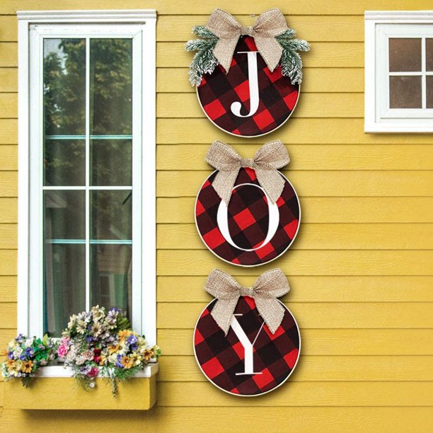 Decoraciones de Navidad ORIENTAL CHERRY - Joy Sign - Corona de cuadros de cuadros de búfalo para puerta delantera - Decoración rústica de madera de arpillera para el hogar, ventana, pared, casa de campo, interior y exterior Zhivalor OTTO-ZYS-0349