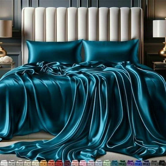 Satin Sheets King Size Set 4 Pcs - Silky & Luxuriously Soft Satin Bed Sheets w/ 15inch Deep Pocket - Similar to Silk Sheets - Double Stitching, Wrinkle Free (Sea Teal)
