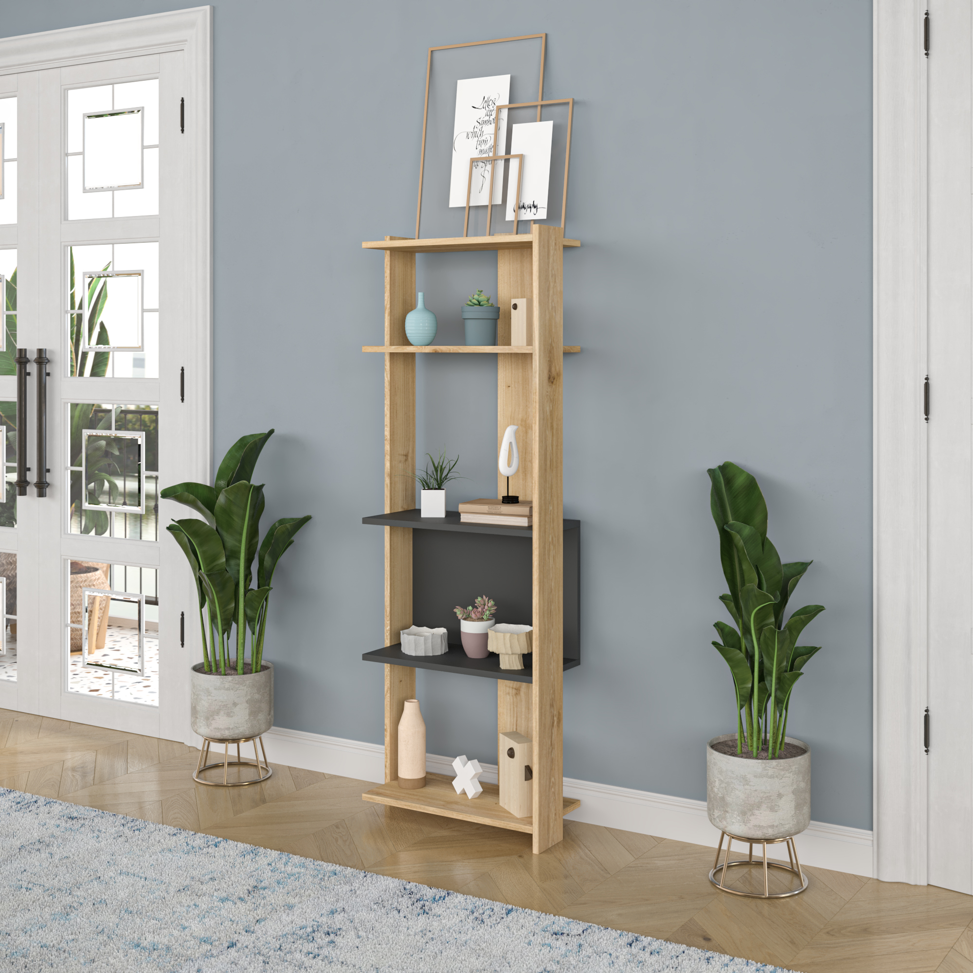 Ada Home Decor Abis 4 Tier Open Shelf Narrow Modern Bookcase, Anthracite/Oak