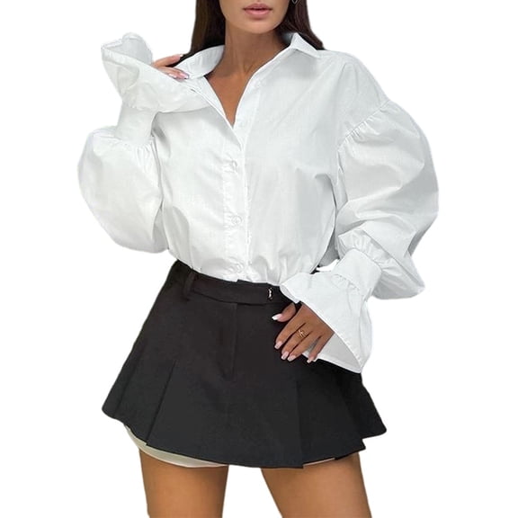 Women French Turn-Down Collar Button Placket Long Sleeve Elegant Layering Commuter Blouse White S