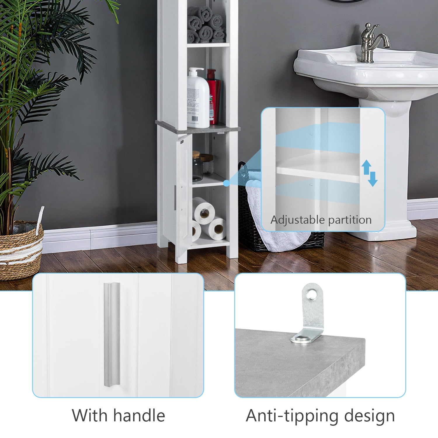 Kadyn Freestanding Storage Cabinet with Doors and Shelves, Bathroom Slim Linen Tower Storage, Floor Cabinet Free Standing Organizer for Home, White Kadyn Freestanding Storage Cabinet with Doors and Shelves, Bathroom Slim Linen Tower Storage, Floor Cabinet Free Standing Organizer for Home, White